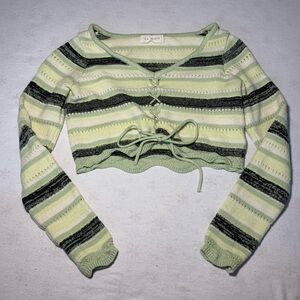 La Hearts Pastel Green Striped Lace-Up Cropped Knit Top